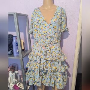 Lulu's Blue Floral Ruffle Mini Dress